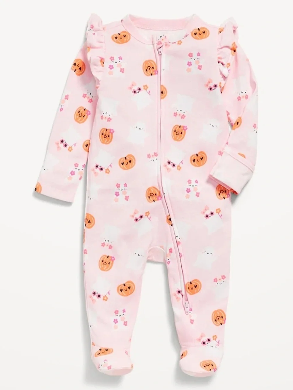 Old Navy Baby Halloween Footed Sleeper Ghost Pumpkin Pink 2-Way Zip 0-3M